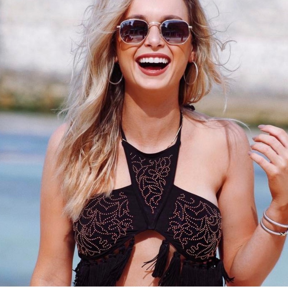 Beach Riot Quartz Black Beaded Tassel Bikini Top